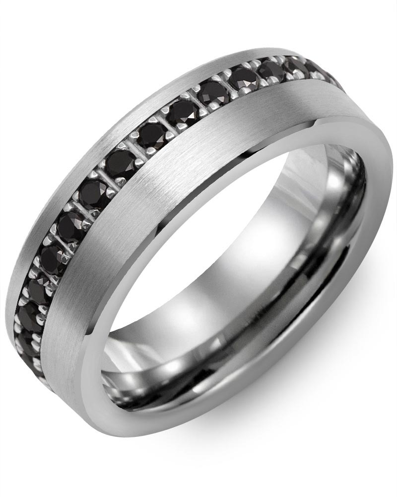 Men's & Women's Brush Tungsten & White Gold + 35 Black Diamonds 1.05ct Wedding Band