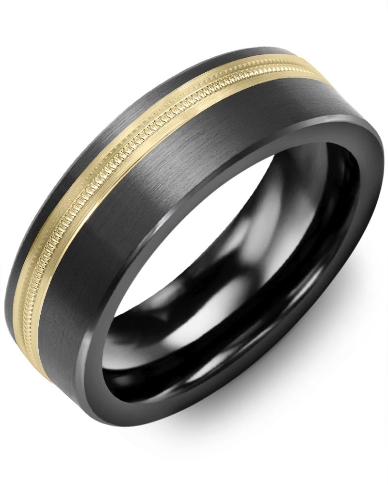 Men's & Women's Brush Black Ceramic & Yellow Gold Wedding Band