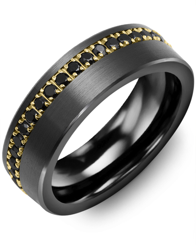 Men's & Women's Brush Black Ceramic & Yellow Gold + 37 Black Diamonds 0.74ct Wedding Band from MADANI Rings. Wedding bands, fashion rings, promise rings, made of Tungsten, Ceramic, Cobalt, and Gold. View the collection at madanirings.com