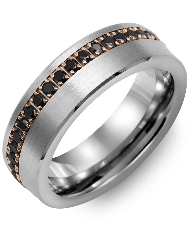 Men's & Women's Brush Tungsten & Rose Gold + 37 Black Diamonds 0.74ct Wedding Band