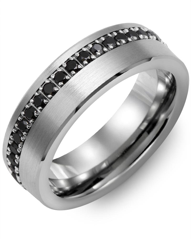 Men's & Women's Brush Tungsten & White Gold + 37 Black Diamonds 0.74ct Wedding Band
