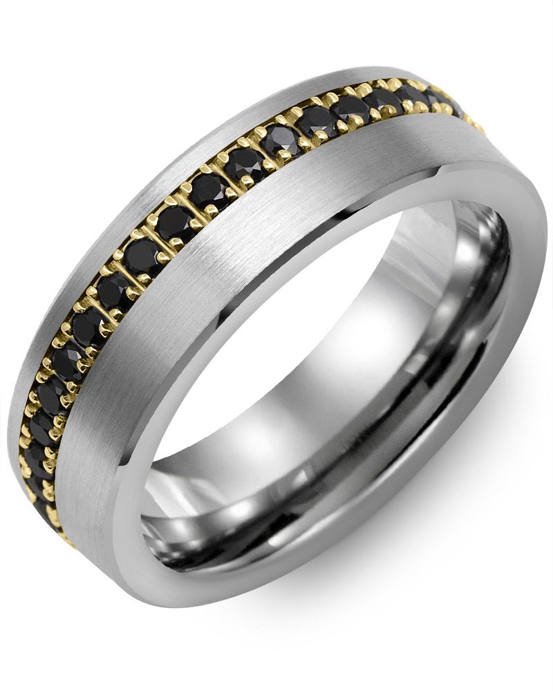 Men's & Women's Brush Tungsten & Yellow Gold + 37 Black Diamonds 0.74ct Wedding Band