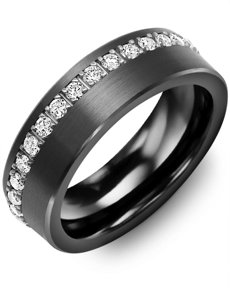 Men's & Women's Brush Black Ceramic & White Gold + 35 Diamonds 1.05ct Wedding Band
