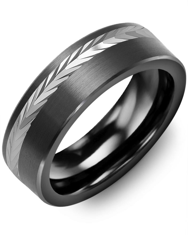Men's & Women's Brush Black Ceramic & White Gold Wedding Band