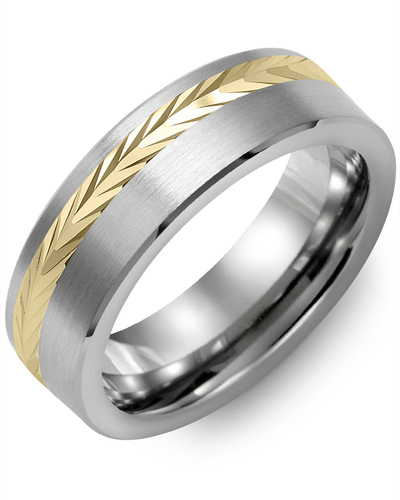 Men's Classic V Pattern Off Center Wedding Band in Brush Tungsten & Yellow Gold