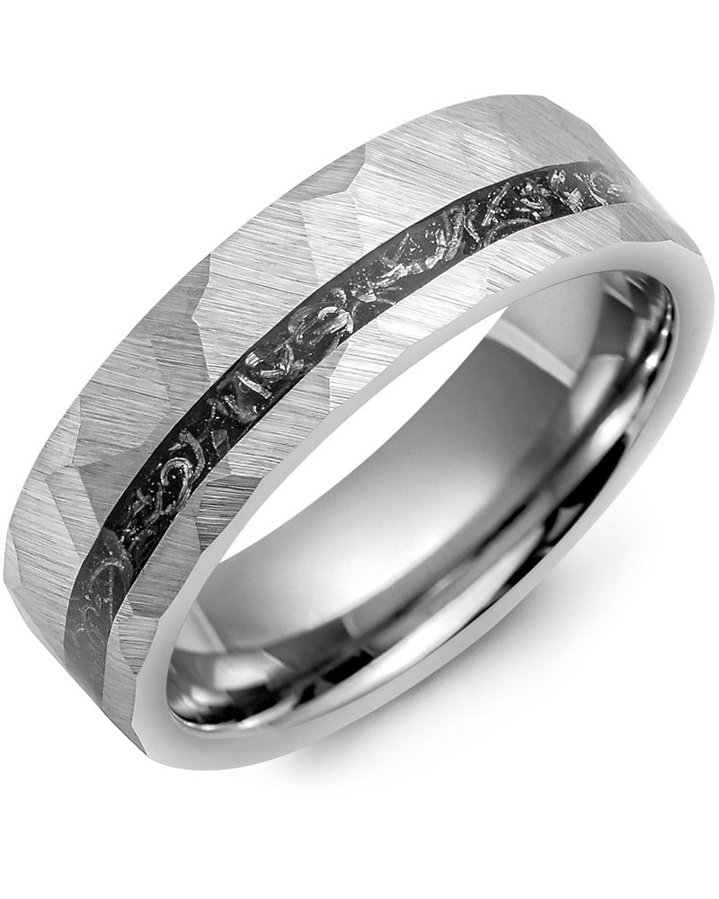 Men's & Women's Tungsten & Black Meteorite Design Wedding Band from MADANI Rings. Wedding bands, fashion rings, promise rings, made of Tungsten, Ceramic, Cobalt, and Gold. View the collection at madanirings.com