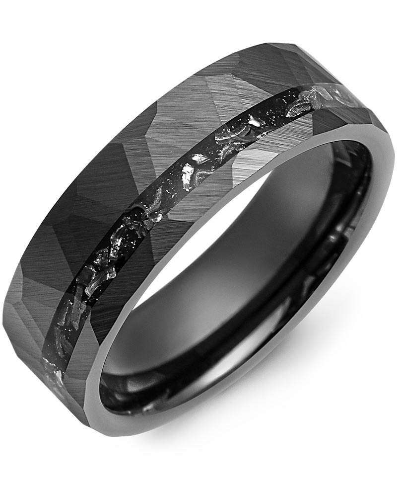 Men's & Women's Black Ceramic & Black Meteorite Design Wedding Band from MADANI Rings. Wedding bands, fashion rings, promise rings, made of Tungsten, Ceramic, Cobalt, and Gold. View the collection at madanirings.com