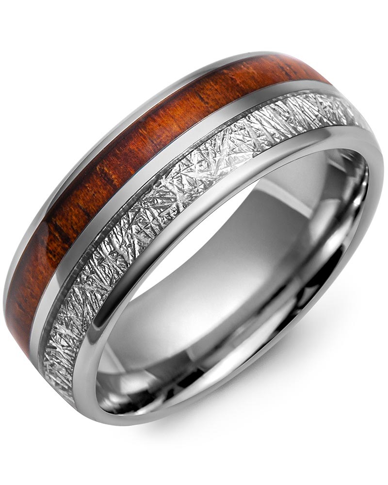 Men's & Women's Tungsten & Meteorite Design Koa Wood Wedding Band from MADANI Rings. Wedding bands, fashion rings, promise rings, made of Tungsten, Ceramic, Cobalt, and Gold. View the collection at madanirings.com