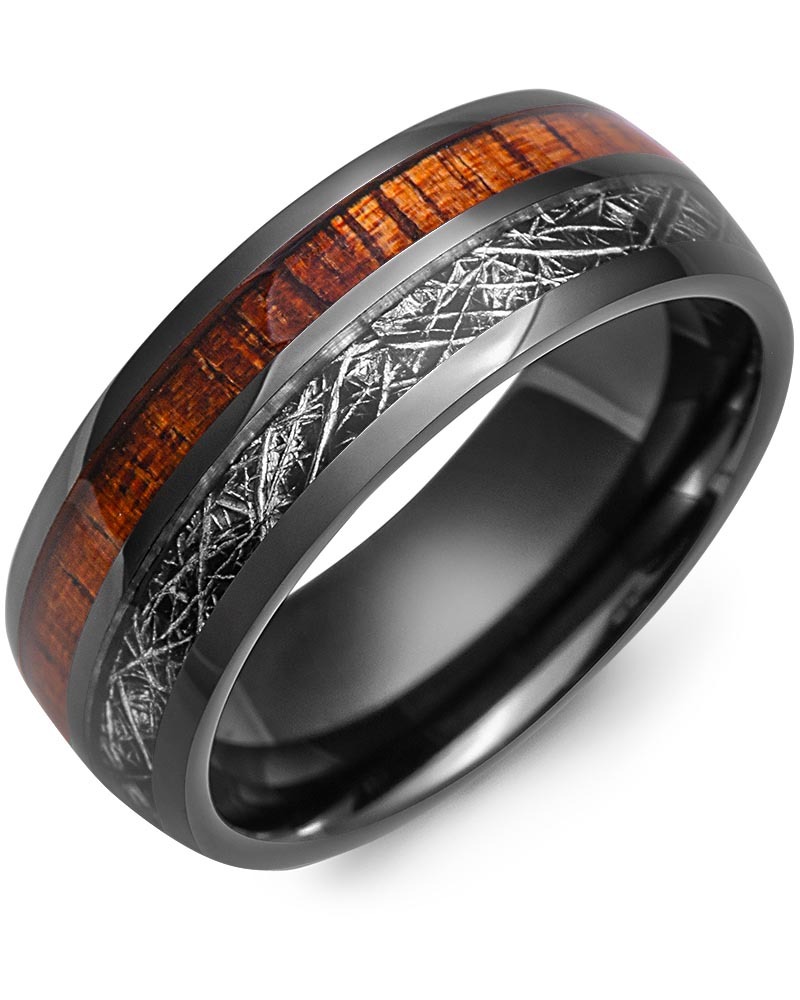Men's & Women's Black Ceramic & Black Meteorite Design Koa Wood Wedding Band from MADANI Rings. Wedding bands, fashion rings, promise rings, made of Tungsten, Ceramic, Cobalt, and Gold. View the collection at madanirings.com