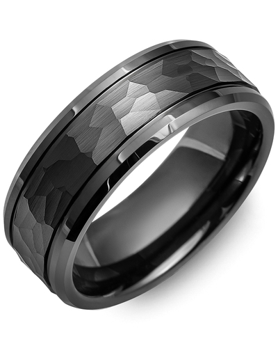 Men's Hammer Beveled Edges Black Ceramic Wedding Ring in Black Ceramic