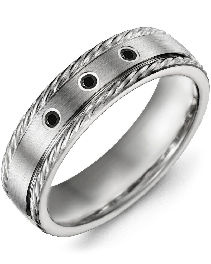 Men's Rope Edges Spaced Black Diamonds Wedding Band in White Gold