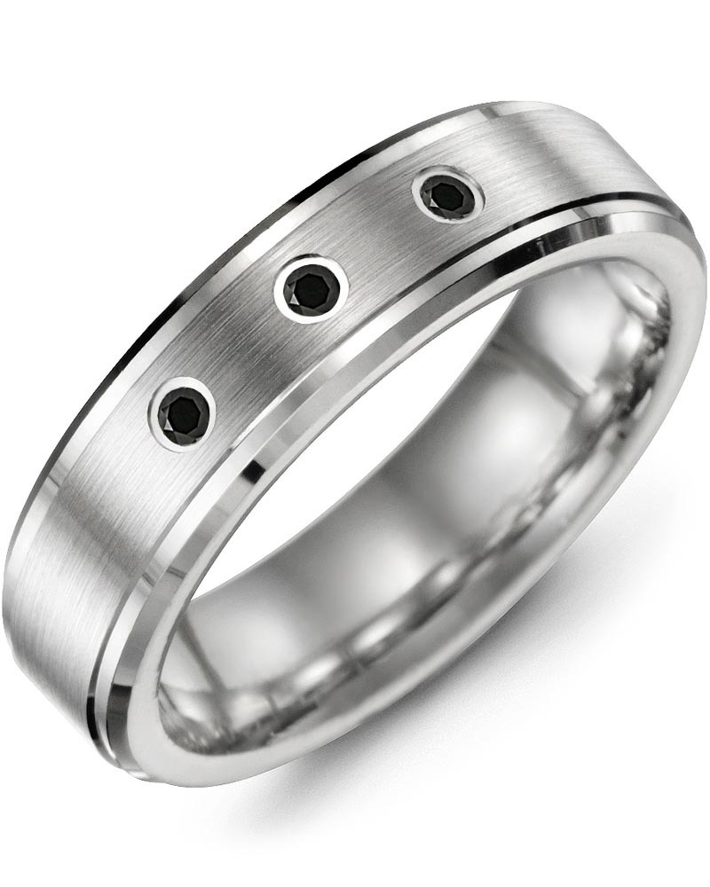 Men's Spaced Black Diamond Brush Wedding Band in White Gold