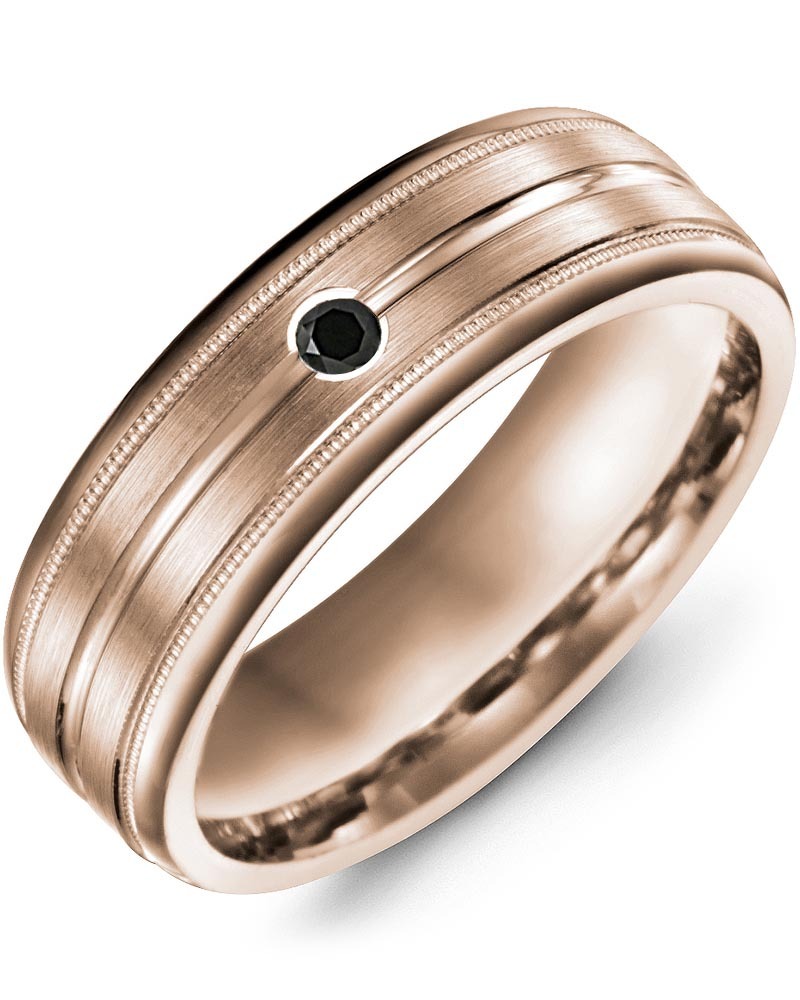 Men's Milgrain Edges Carved Center Black Diamond Wedding Band in Rose Gold