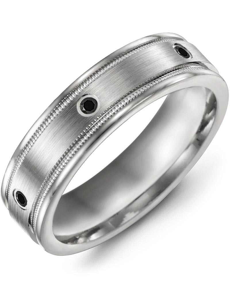 Men's Spaced Black Diamonds Milgrain Edges Wedding Band in White Gold