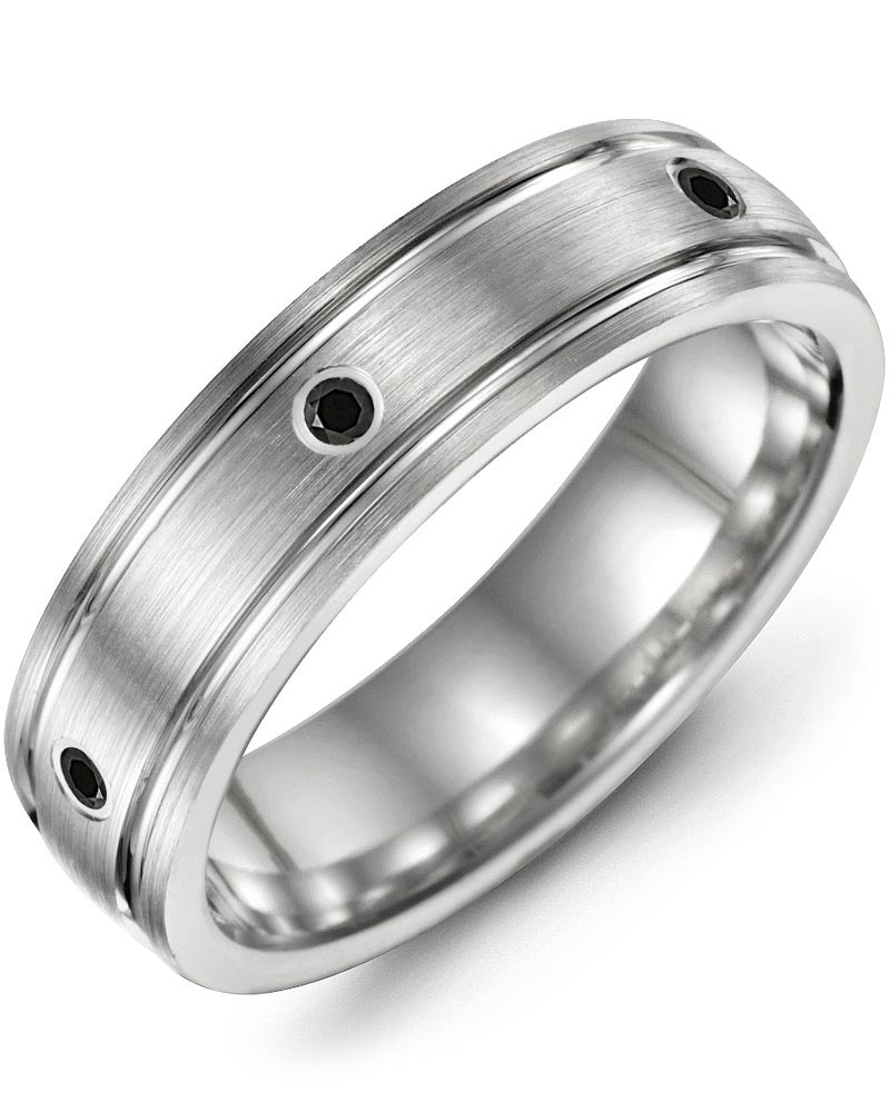 Men's Carved Lines Spaced Black Diamonds Wedding Band in White Gold