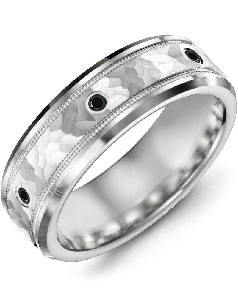 Men's Flat Hammer Accents Milgrain Beveled Black Diamond Wedding Band in White Gold