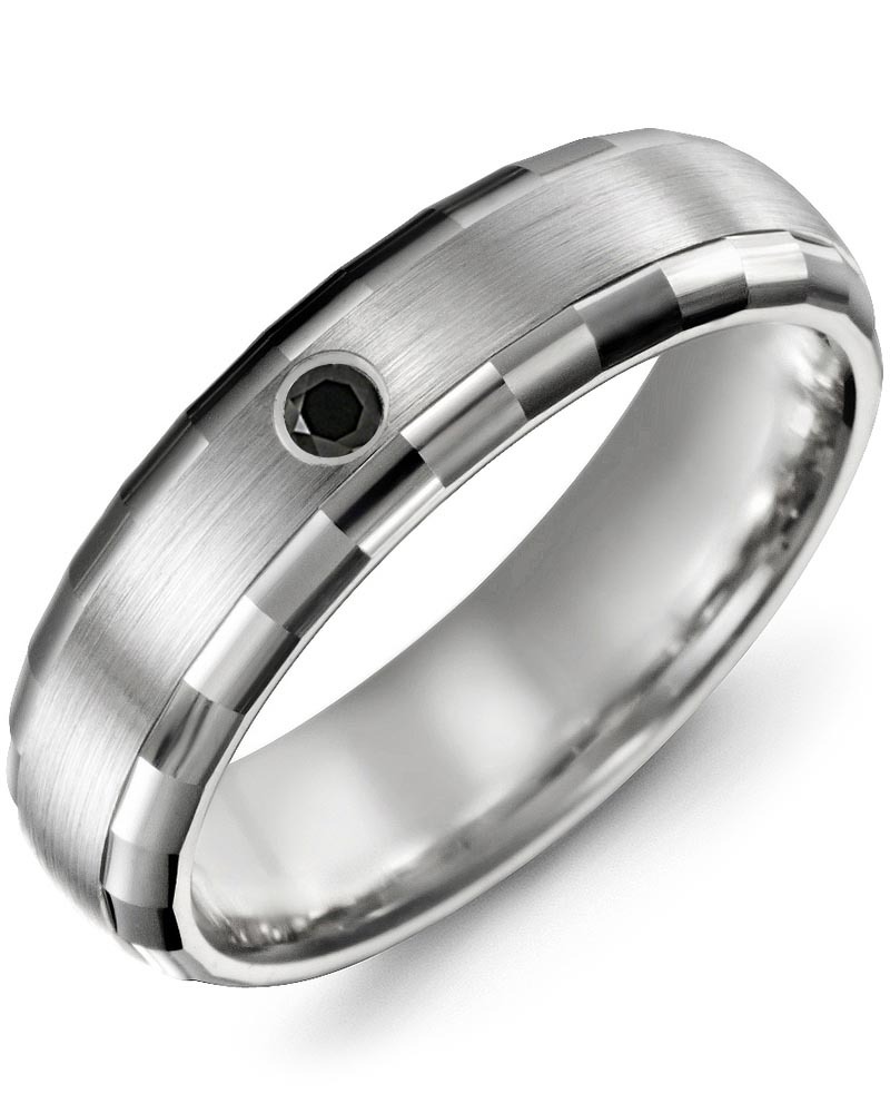Men's Dome Brush Accent Edges Black Diamond Wedding Band in White Gold