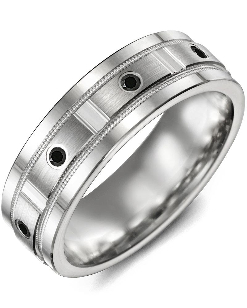 Men's Vertical Accents Milgrain Edges Black Diamond Wedding Ring in White Gold