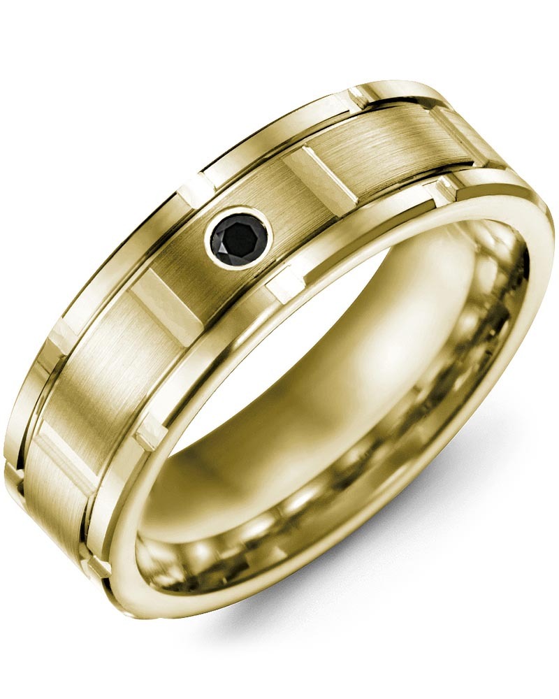 Men's Vertical Carved Black Diamond Wedding Band in Yellow Gold