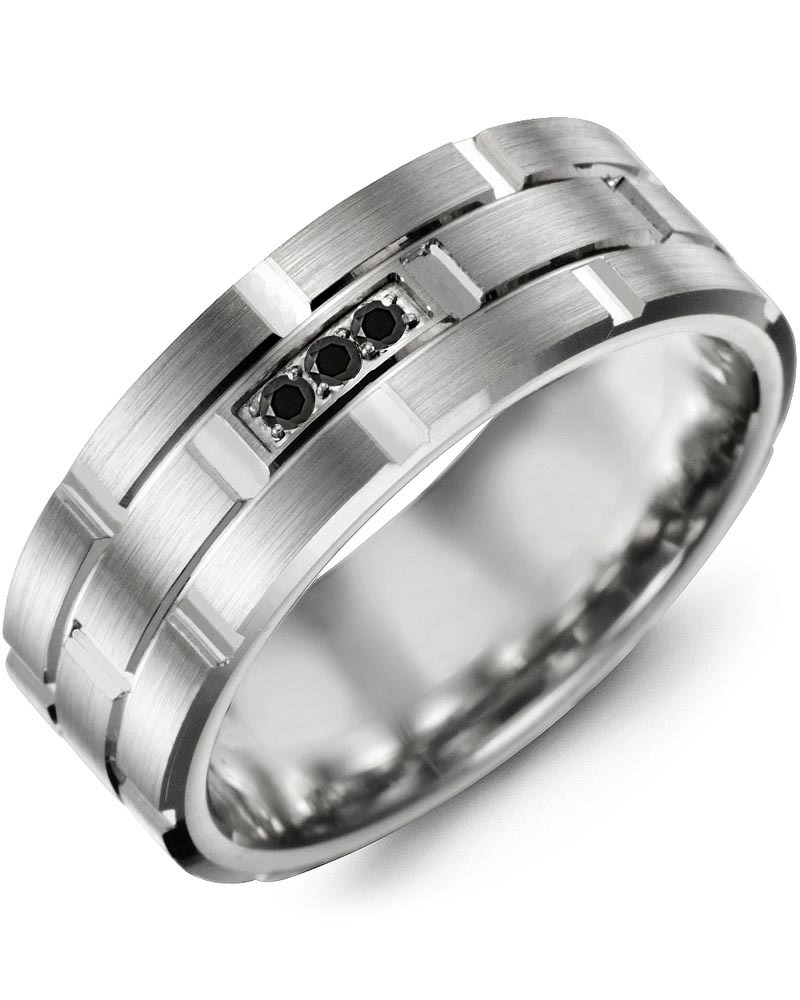 Men's Carved Symmetrical Trio Black Diamonds Wedding Ring in White Gold