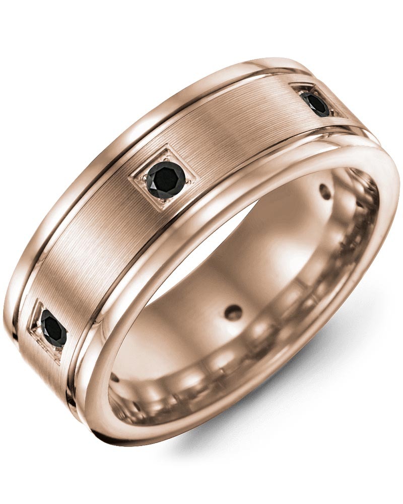 Men's Brush Polished Line Edges Black Diamond Wedding Ring in Rose Gold