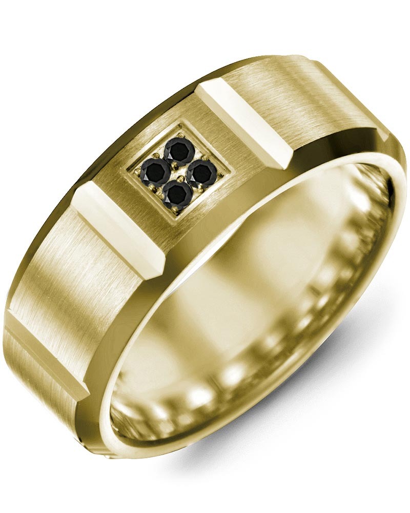 Men's Brush Beveled Quad Black Diamond Wedding Band in Yellow Gold