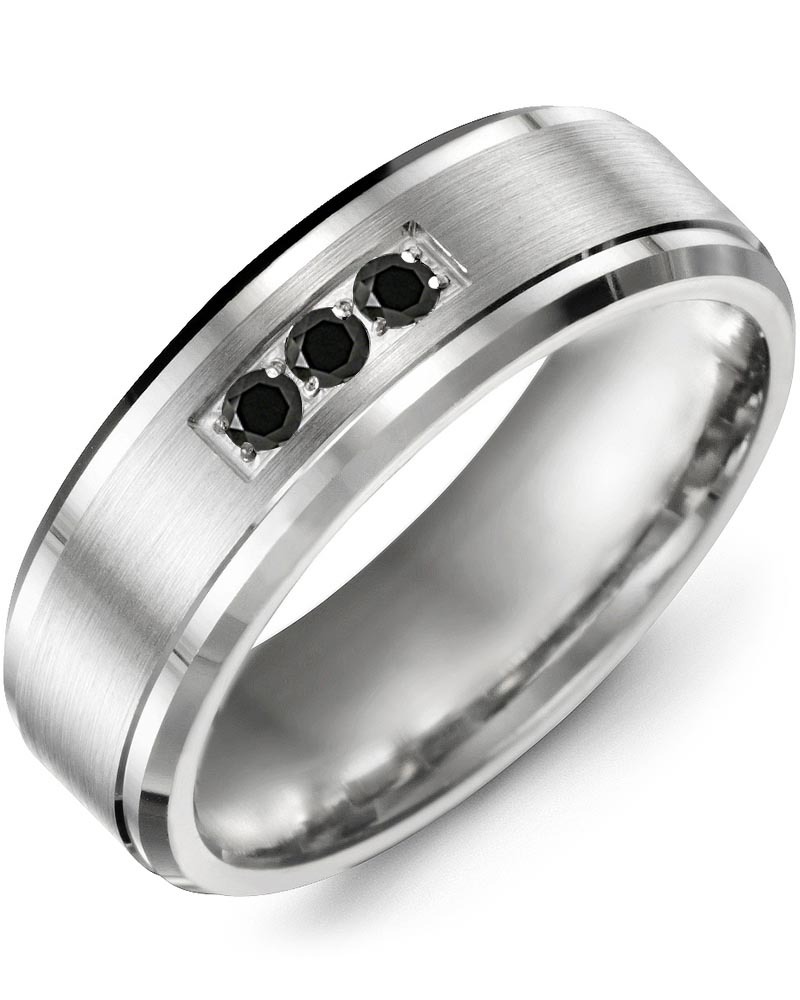 Men's Brush Beveled Black Diamond Wedding Band in White Gold