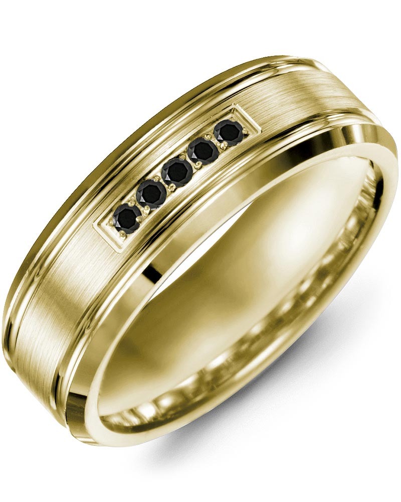 Men's Brush Beveled Carved Edges Black Diamond Wedding Band in Yellow Gold