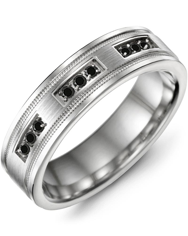 Men's Trio Spaced Black Diamonds Milgrain Wedding Band in White Gold