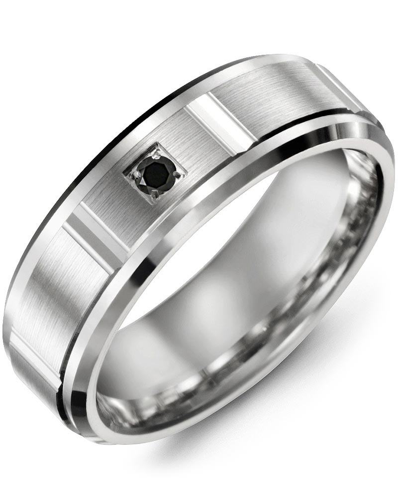 Men's Vertical Accents Beveled Black Diamond Wedding Band in White Gold