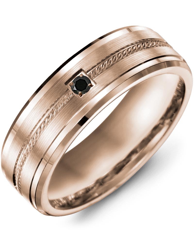 Men's Center Rope Black Diamond Wedding Band in Rose Gold
