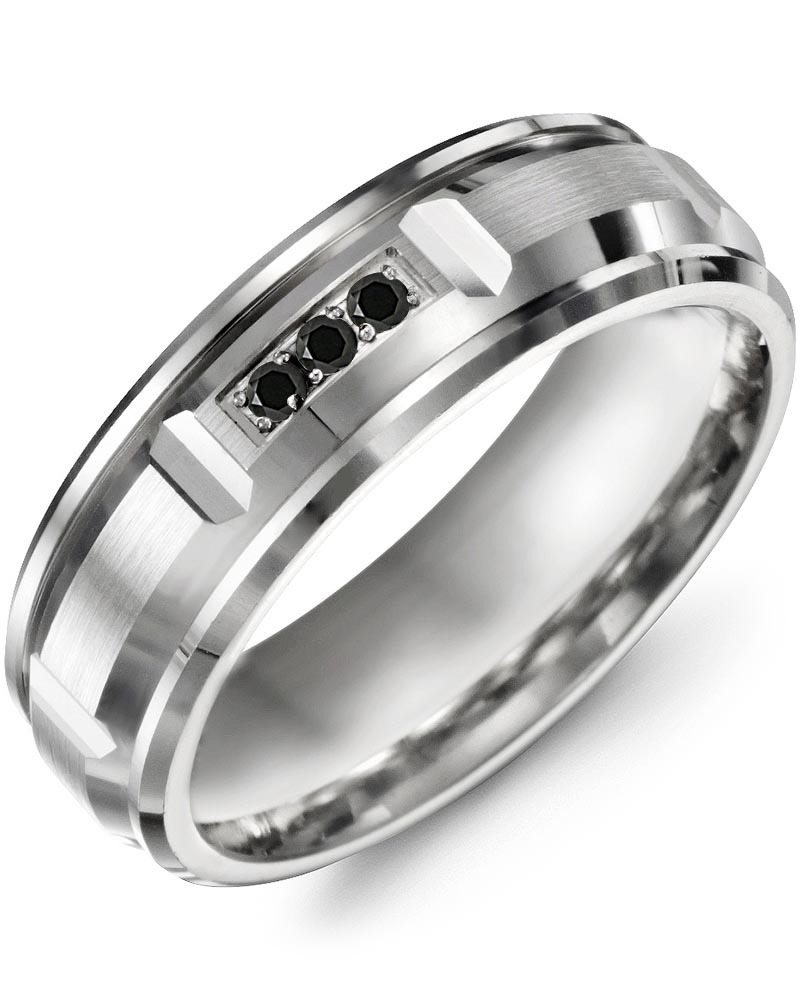 Men's Beveled Accents Trio Black Diamond Wedding Band in White Gold