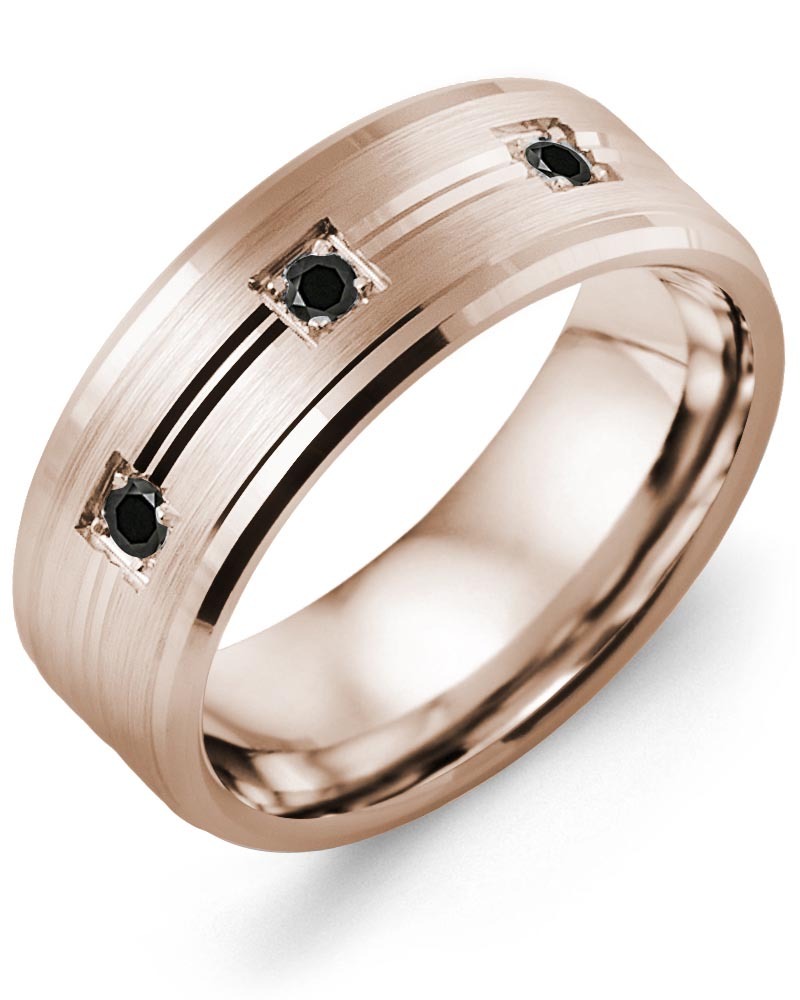 Men's & Women's Rose Gold + 3 Black Diamonds 0.15ct Wedding Band