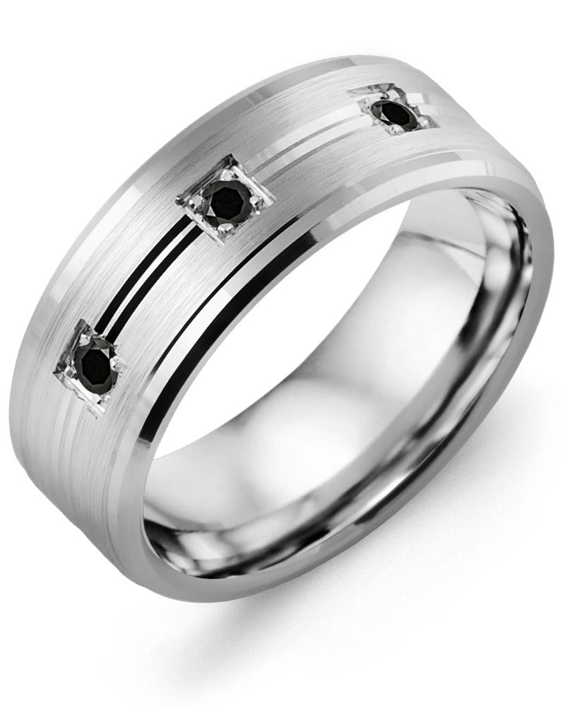 Men's Dual Line Spaced Black Diamond Wedding Ring in White Gold