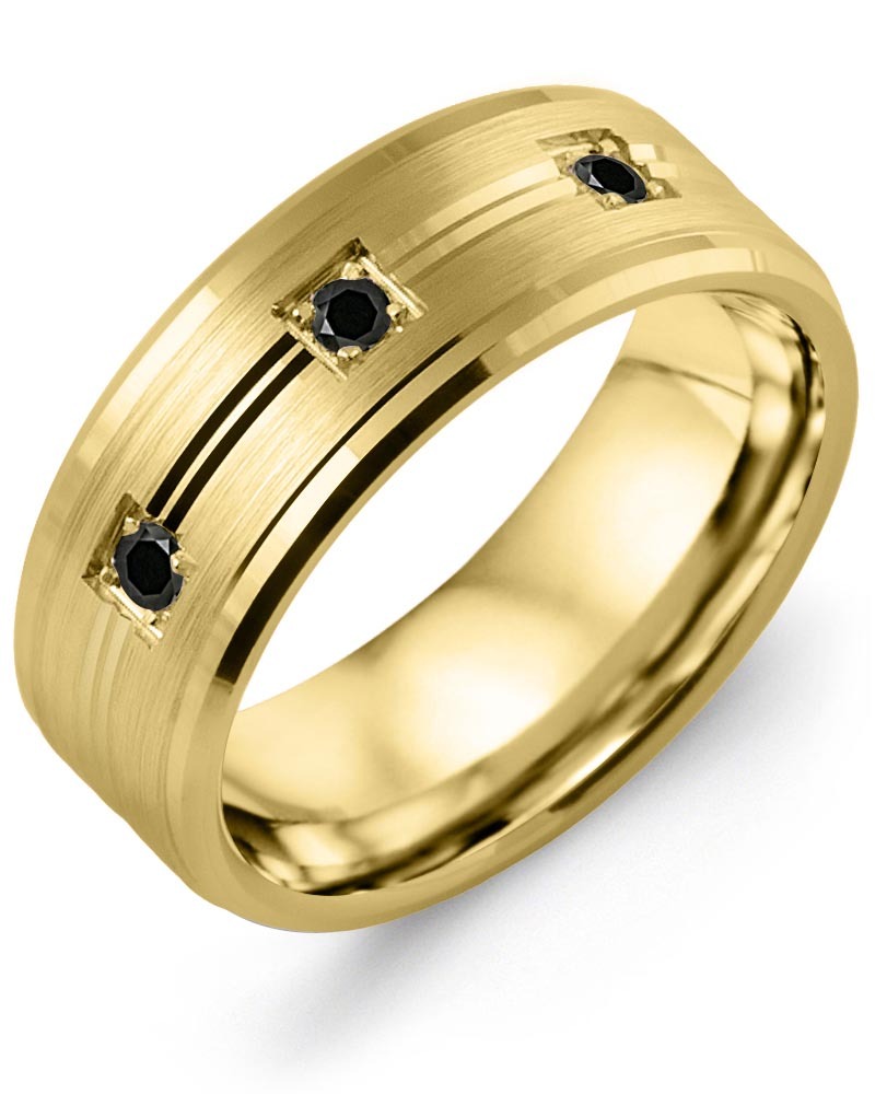 Men's & Women's Yellow Gold + 3 Black Diamonds 0.15ct Wedding Band