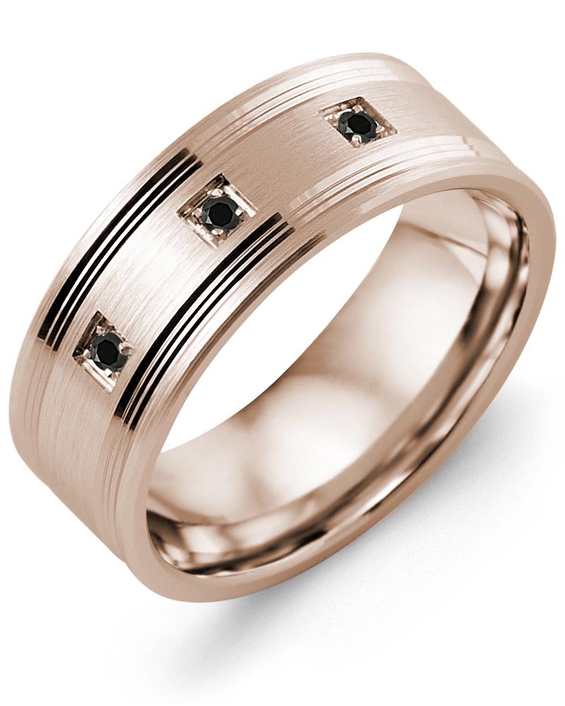 Men's Dual Lines Spaced Black Diamonds Wedding Ring in Rose Gold