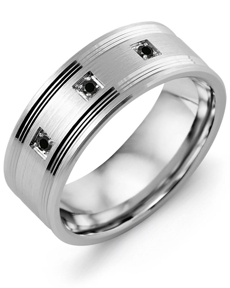 Men's & Women's White Gold + 3 Black Diamonds 0.06ct Wedding Band