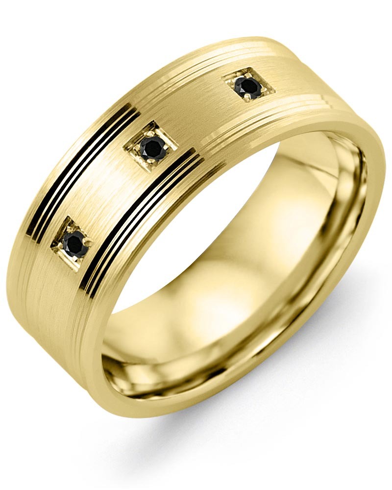 Men's & Women's Yellow Gold + 3 Black Diamonds 0.06ct Wedding Band