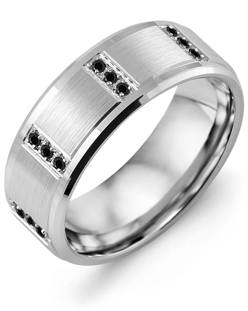 Men's Trio Vertical Black Diamonds Wedding Ring in White Gold