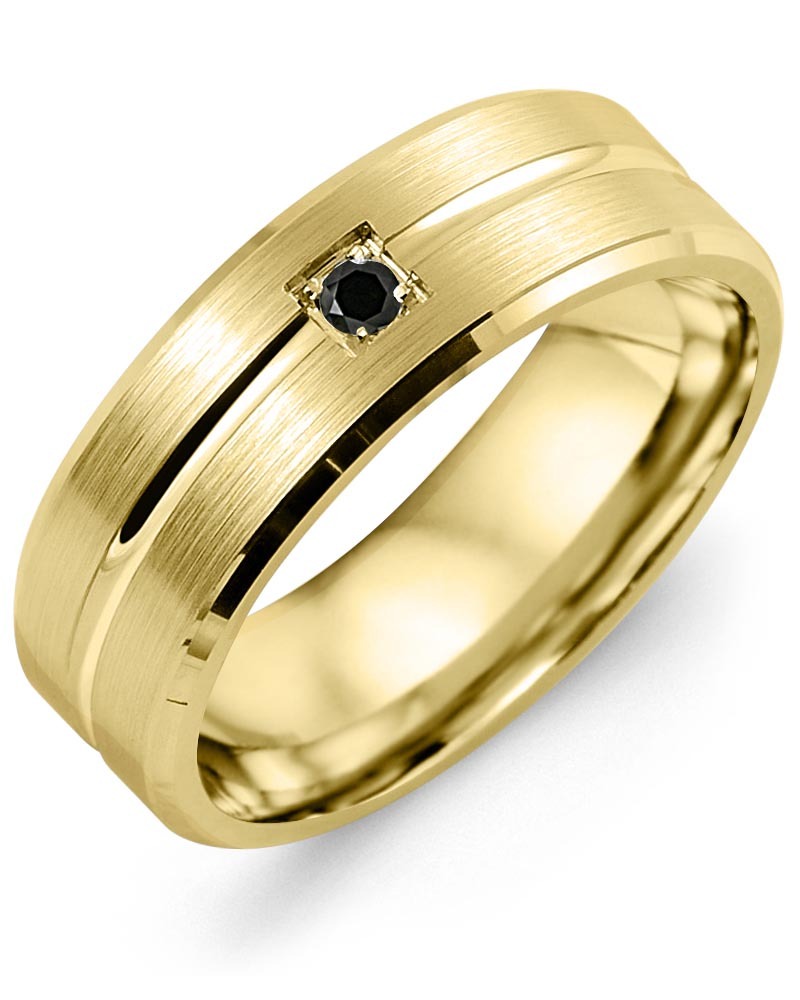 Men's Beveled Brush Carved Line Black Diamond Wedding Band in Yellow Gold