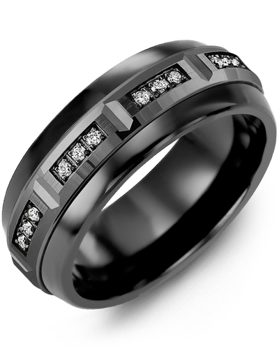 Men's & Women's Black Ceramic Half Round & Black Gold + 12 Diamonds 0.12ct Wedding Band