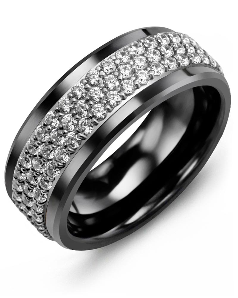 Men's & Women's Black Ceramic & White Gold + 120 Diamonds 2.40ct Wedding Band