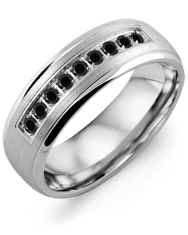 Men's Dome Brush Black Diamond Wedding Ring in White Gold