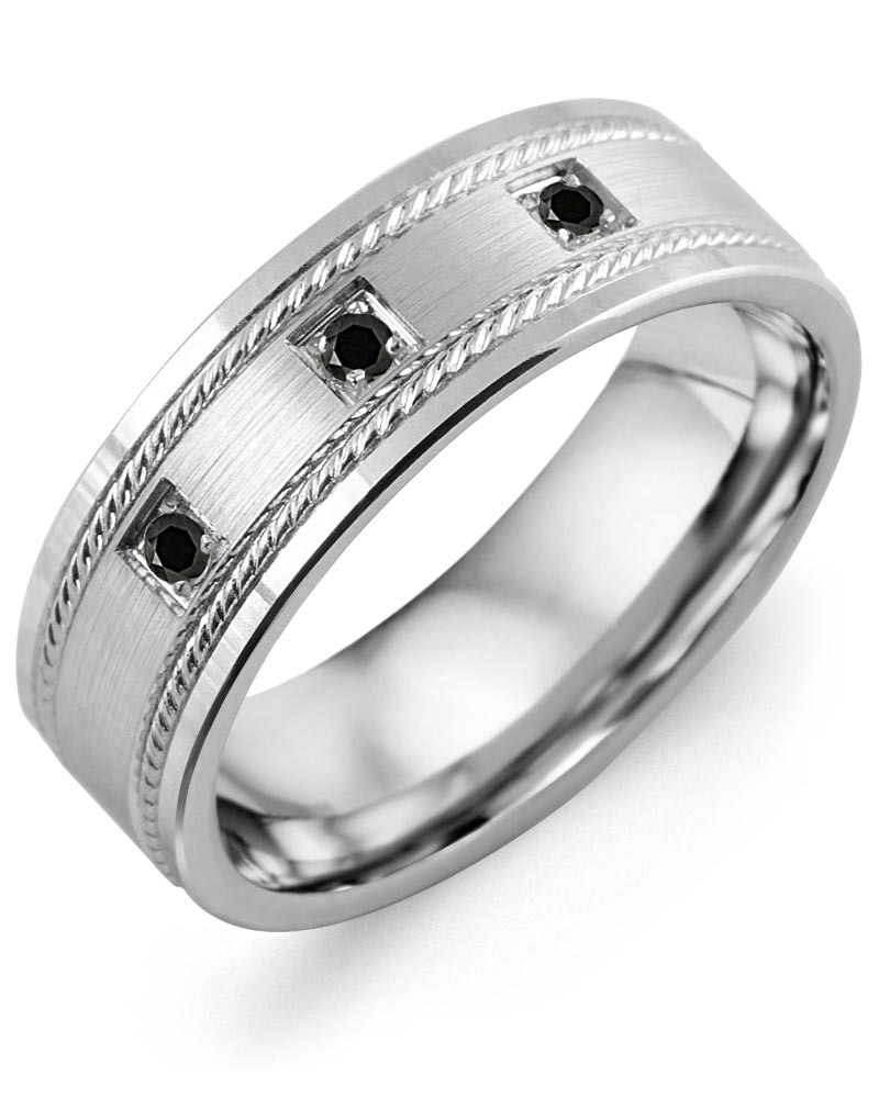 Men's Rope Edges Spaced Black Diamond Wedding Ring in White Gold