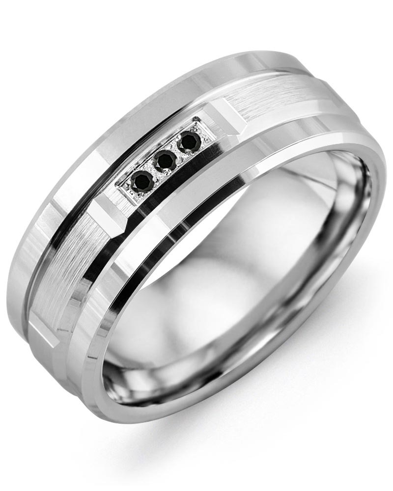 Men's Beveled Trio Black Diamond Flat Edges Wedding Ring in White Gold