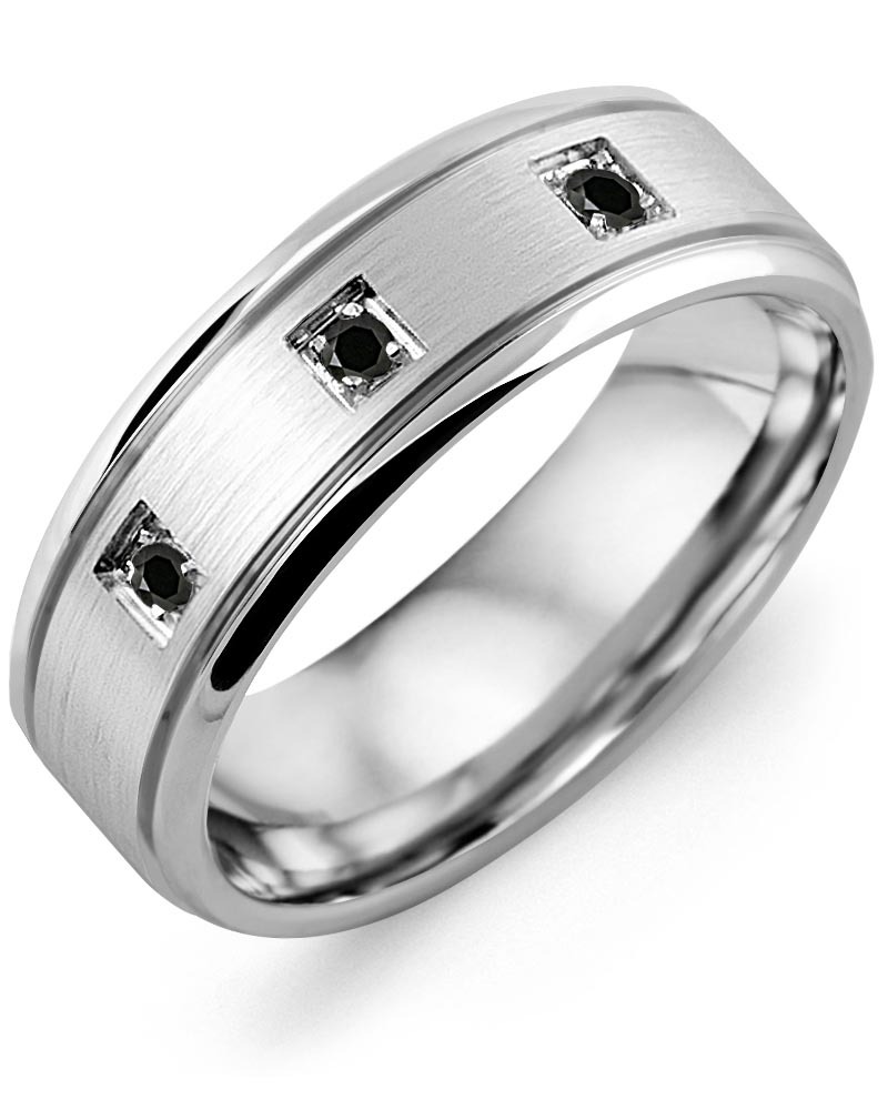 Men's Brush Spaced Black Diamonds Polished Edges Wedding Ring in White Gold