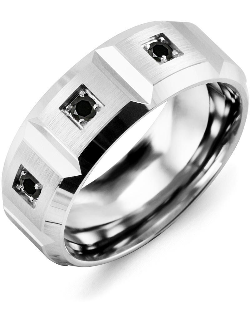 Men's Wide Accents Beveled Black Diamond Wedding Ring in White Gold