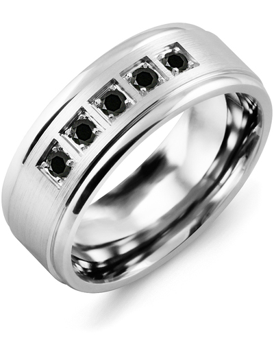 Men's Brush Polished Edges Black Diamond Wedding Ring in White Gold