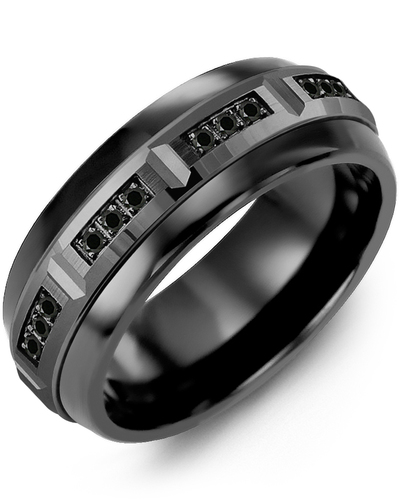 Men's & Women's Black Ceramic Half Round & Black Gold + 12 Black Diamonds 0.12ct Wedding Band from MADANI Rings. Wedding bands, fashion rings, promise rings, made of Tungsten, Ceramic, Cobalt, and Gold. View the collection at madanirings.com