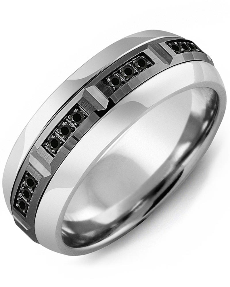 Men's & Women's Tungsten Half Round & Black Gold + 12 Black Diamonds 0.12ct Wedding Band